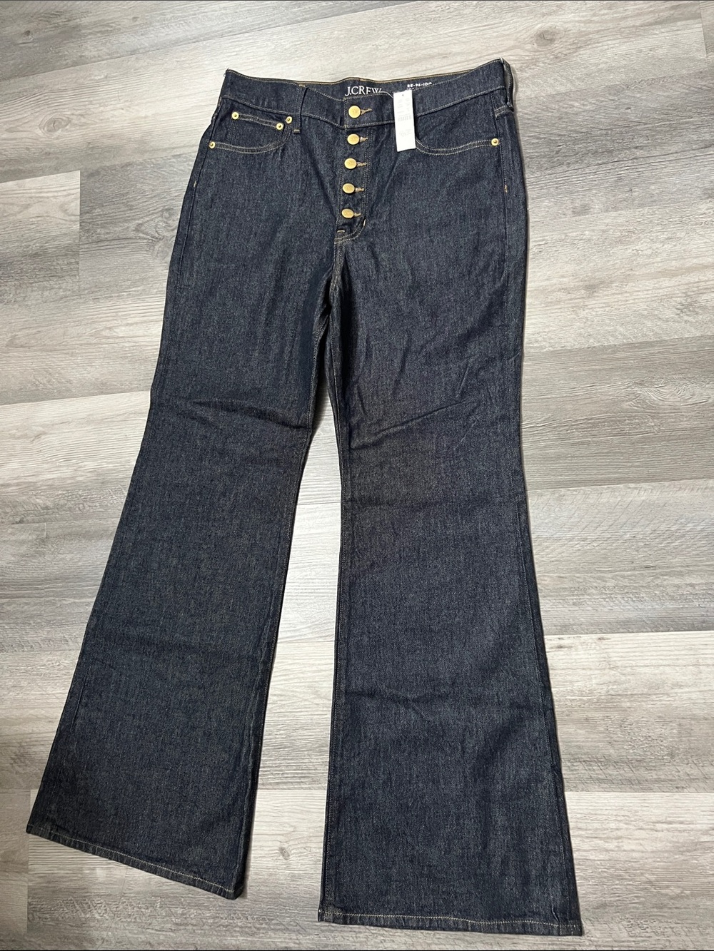 J. Crew Dark Indigo High-Rise Flare Jeans with Gold Hardware